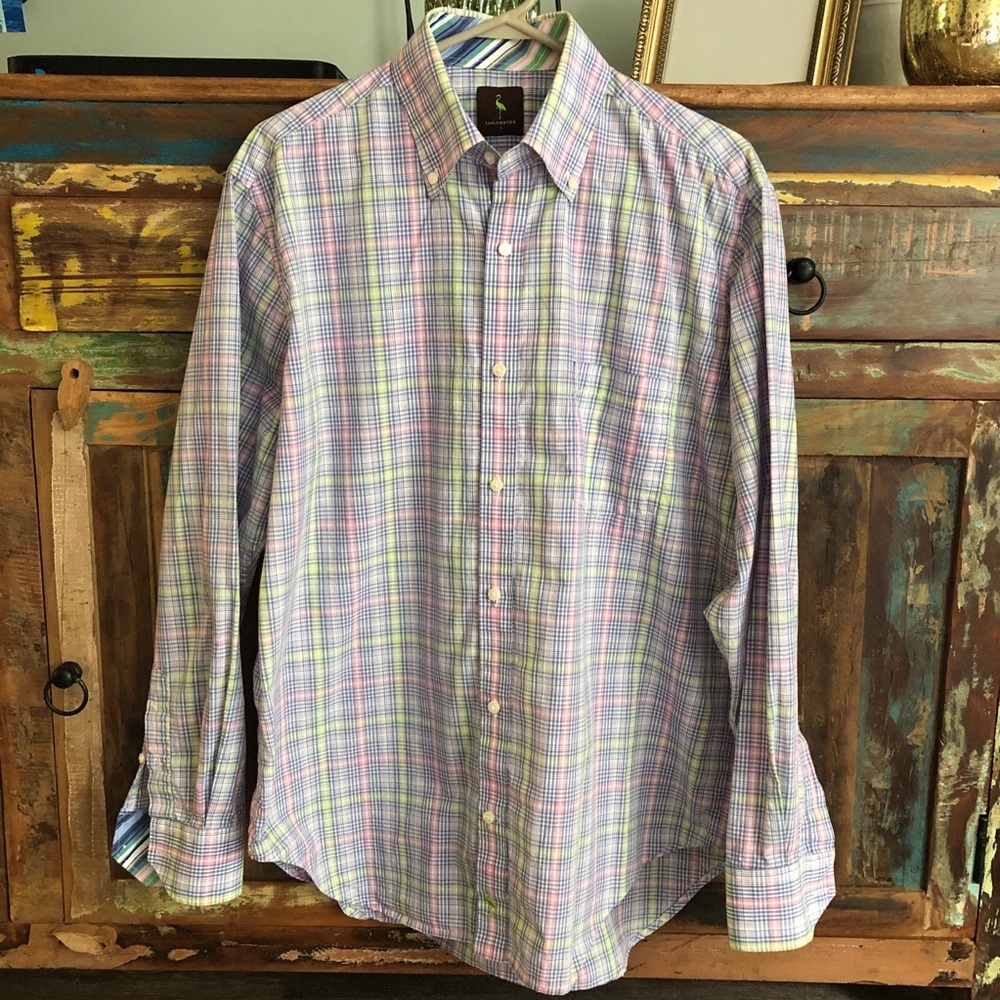 Tailorbyrd Men’s Pastel Plaid Multicolor Cotton Button Down Shirt Large